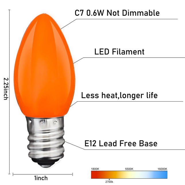 C7 25 Pack Orange LED Light Bulbs, Ceramic C7 Light Bulbs for Christmas Halloween Lighting, Outdoor C7 String Lights, C7/E12 Candelabra Base, 0.6 Watt