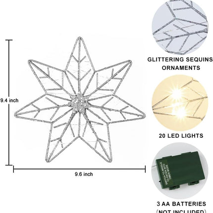 YEAHOME Christmas Tree Topper, Silver Glittered Hollow 7-Point Star Tree Topper, Lighted Wire Star with 20 LED Lights for Christmas Treetop, Xmas Tree Topper with Timer, Christmas Tree Decorations
