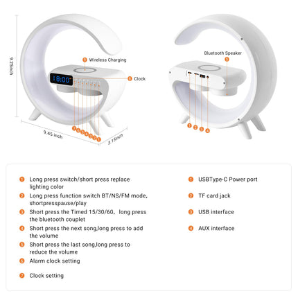 Wireless Charging Atmosphere Table Lamp with Bluetooth Speaker Alarm Clock Night Light 15W Wireless Charger Speaker for Bedside Lamp Desk Clock Sound Machine Ambient Lighting for Christmas