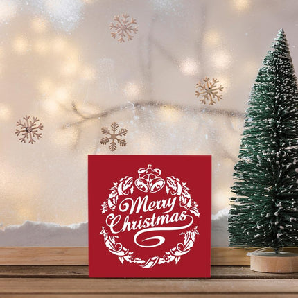 Merry Christmas Wooden Box Sign, Red Christmas Decorations, Merry Christmas Decor, Farmhouse Christmas Wreath Wood Signs for Home Office Desk Table Shelf Decoration, 5x5 Inch
