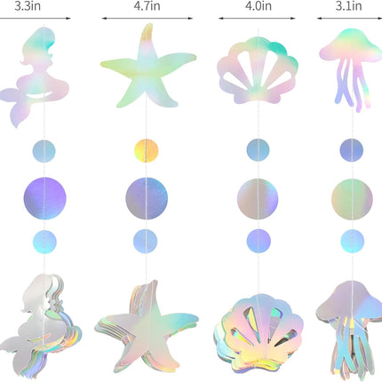 Iridescent Mermaid Birthday Party-Decorations Garland - 40FT Euphoria Under The Sea Jelly Fish Favors,Seashell Starfish Hanging Streamers Swirl,Little Mermaid Baby Shower Banner Decor Panduola