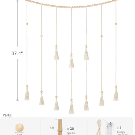 Mkono Macrame Hanging Photo Display Wall Decor with String Lights Boho Room Bedroom Wooden Beads Garland Picture Holder with 30 Clips