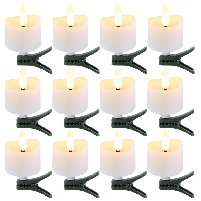 IMAGE Tealight Candles, LED Tealight Flicker Candles with Clips for Christmas Tree Decoration Timer Function Flickering, Battery Operated Flameless Tealight Candles, Pack of 12 Warm White