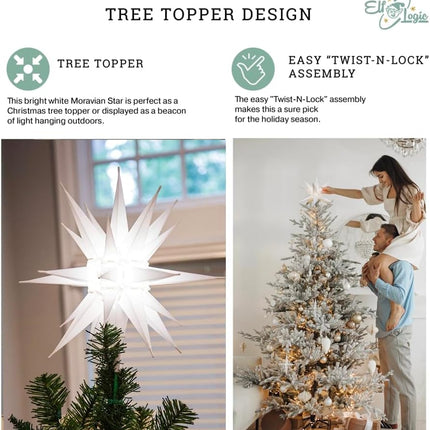 Elf Logic 12" Bright White LED Moravian Star Tree Topper - Hanging Outdoor/Indoor Christmas Tree Star Topper Light - Use as Holiday Decoration, Porch Light, Wedding and Ballroom Venue Decor