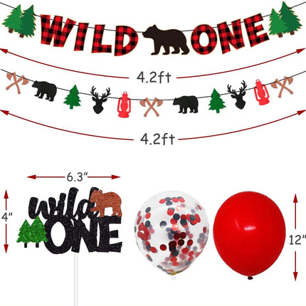 Wild 1st One Birthday Decorations Pack - Buffalo Plaid Christmas Winter Bear Woodland Camping Hunting Lumberjack-Themed Baby Shower Bday Party Supplies Includes Glitter Cake Topper Banner and Balloons