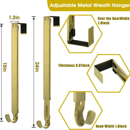 Wreath Hanger for Front Door, Adjustable Wreath Door Hanger Gold Wreath Holder Over The Door Hooks from 15-25inch for Christmas Wreath Decor