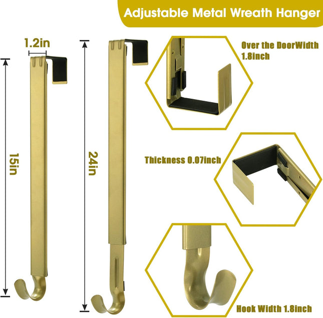 Wreath Hanger for Front Door, Adjustable Wreath Door Hanger Gold Wreath Holder Over The Door Hooks from 15-25inch for Christmas Wreath Decor