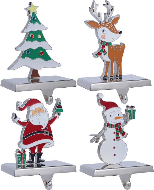 Christmas Stocking Holder Set of 4 Metal Christmas Stocking Hangers for Fireplace-Xmas Deer Snowman Tree Santa Stocking Holder for Mantel,Mantel Hooks/Clips for Stocking Fireplace Topper