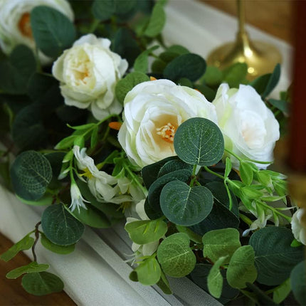 MISSPIN White 6.6 Feet Eucalyptus Garland with Flowers, 16 Lovely Flowers, Artificial Eucalyptus and Rose Garland Decor, Floral Garland Greenery Garland for Wedding Table Decor