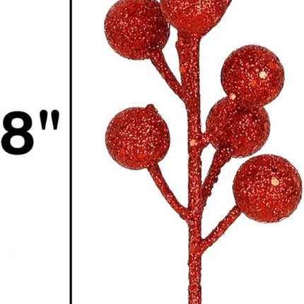 winemana 24 Pack 8 Inch Christmas Glitter Faux Winter Berry Sprigs, Artificial Sparking Red Berries Ornaments for Christmas Tree DIY Crafts Wreath Garland Decor (Red)