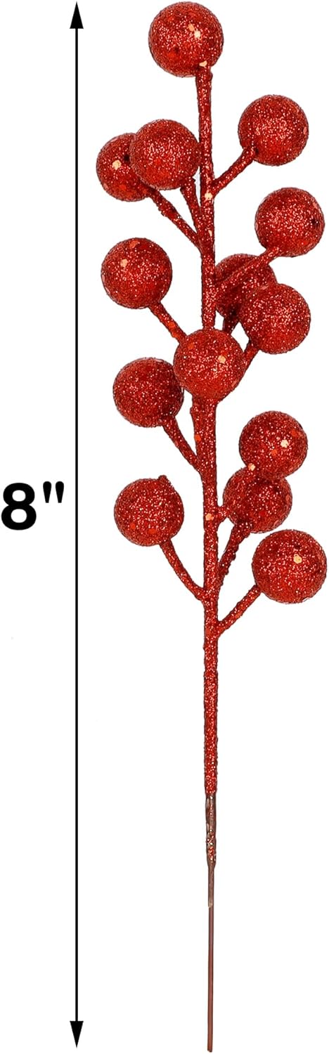 winemana 24 Pack 8 Inch Christmas Glitter Faux Winter Berry Sprigs, Artificial Sparking Red Berries Ornaments for Christmas Tree DIY Crafts Wreath Garland Decor (Red)