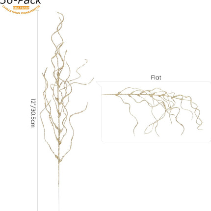 Sea Team 36-Pack Artificial Glitter Vine Twig Ornaments, Decorative Curly Beard Sticks, Glittery Stems, Picks, Branches for Christmas Tree, Small Vase, Holiday, Wedding, Party (12 Inches, Gold)