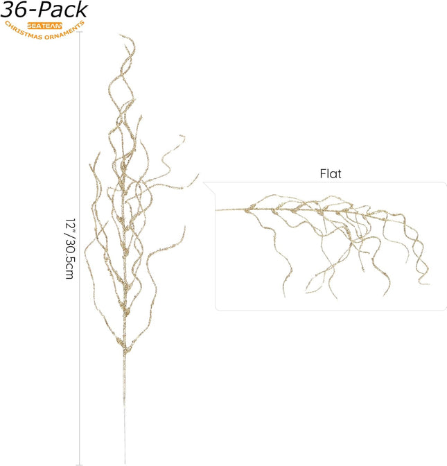 Sea Team 36-Pack Artificial Glitter Vine Twig Ornaments, Decorative Curly Beard Sticks, Glittery Stems, Picks, Branches for Christmas Tree, Small Vase, Holiday, Wedding, Party (12 Inches, Gold)