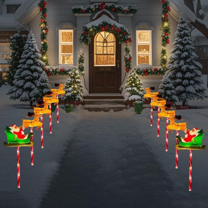 Solar Christmas Pathway Lights - Set of 5 Solar Santa Claus Elk Lights with 8 Lighting Modes, Solar Christmas Decorations Outdoor with 30 LED for Walkway Yard Lawn Xmas Decor