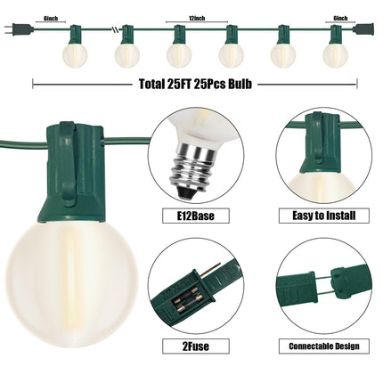 Abeja 25Ft Frosted White String Lights, G40 Globe Patio String Lights with 27 Frosted White Bulbs, Vintage Backyard Patio Lights for Backyard Porch Balcony Party Wedding Umbrella- Green Wire