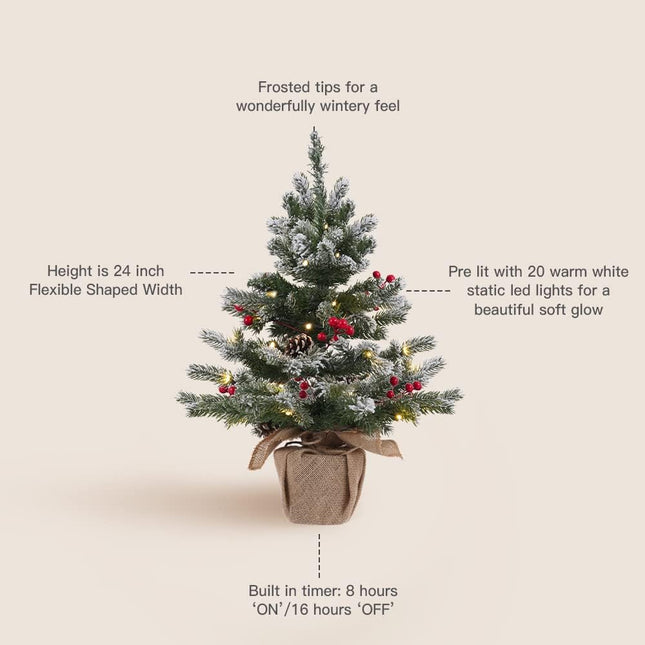 24 Inch 2 FT Pre-lit Snowy Mini Christmas Tree, DECSPAS Small Tabletop Flocked Christmas Tree with 20 LED Lights Red Berries Pine Cones and Cloth Bag Base Xmas Decorations for Holiday Party (Color A)