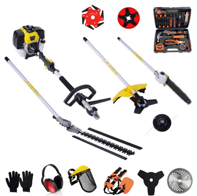 Brushcutter Kit - 63cc 2-Stroke 6 in 1 Professional Gas-Powered Brush Cutter - Gardening Tools - Lawn Mowers, Tree Trimmer, Lawn Car, Weed Eater, Gas Hedge Trimmer, Lawn Edger, Edger, Lawn Aerator
