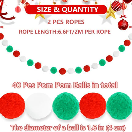 Vuzvuv 2 Pieces 6 Red Green White 1.6" Large Pom Pom Ball Garlands, 6.6 Ft Long 20 Pompom Balls Garland for Wall,Home,School,Classroom,Christmas Tree Decoration and Party Decor