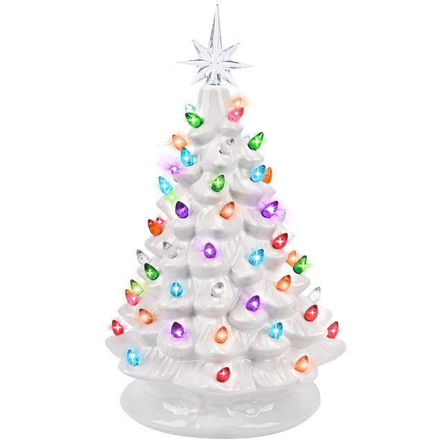 GIVERARE 15" Ceramic Christmas Tree, Pre-Lit Hand-Painted Tabletop Xmas Decor with 66 Multicolored Lights &Top Star, Vintage Retro Centerpiece for Holiday, Party Supplies Ornaments-White