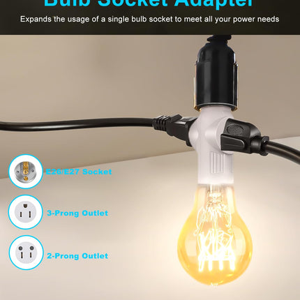 E26 Light Socket to Plug Adapter - 2 Pack 2/3 Prong Light Socket Outlet - Light Bulb Plug Adapter, Polarized Light Socket Adapter Splitter Converter for Garage Porch (White)
