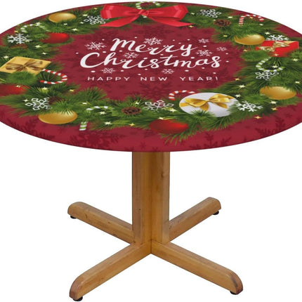 Merry Christmas Garland Round Fitted Tablecloth with Elastic Edged Decorative Kitchen Dining Table Cloth Cover Fits 45-50" Round Table (45-50)