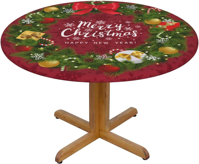 Merry Christmas Garland Round Fitted Tablecloth with Elastic Edged Decorative Kitchen Dining Table Cloth Cover Fits 45-50" Round Table (45-50)