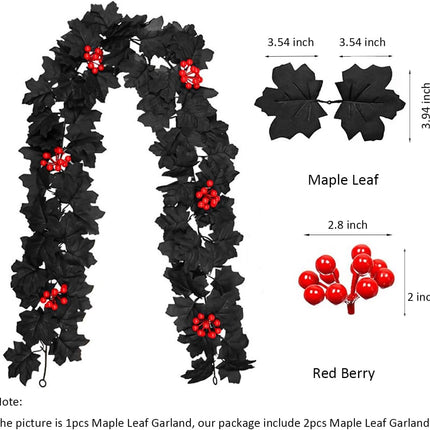 2 Pack Black Maple Leaf Garland Christmas Garland, Black Garland Christmas Red Berry Garland Outdoor Fall Garland Artificial Vine Autumn Garland Hanging Mantle Porch Table Decor