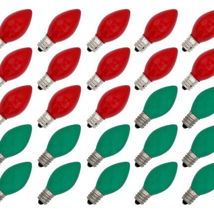Creative Hobbies Box of 25 Light Bulbs Ceramic Opaque Red & Green Steady Burning, 7 Watt, C7 Candelabra Base Night Lights, Decorative Lights, Christmas Strings
