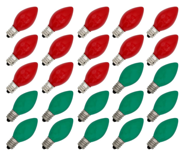 Creative Hobbies Box of 25 Light Bulbs Ceramic Opaque Red & Green Steady Burning, 7 Watt, C7 Candelabra Base Night Lights, Decorative Lights, Christmas Strings