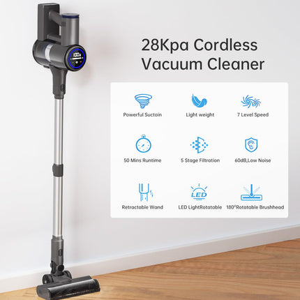 Cordless Vacuum Cleaner 28Kpa, Stick Vacuum Cleaner Cordless With 7 Power Modes, 50 Mins Runtime Vacuum Cleaners For Home Hardwood Floor And Carpet, Pet Hair