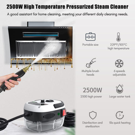 2500W Portable Handheld Steam Cleaner, High Temperature Pressurized Steam Cleaning Machine With Brush Heads For Kitchen Furniture Bathroom Car, Us Plug 110V