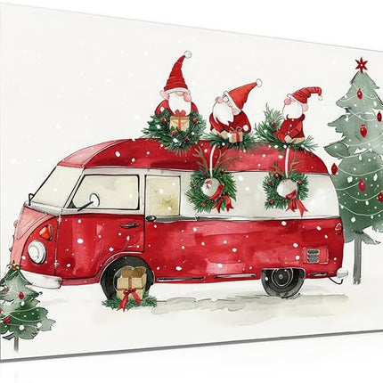 Christmas Gnome Bus Canvas Wall Art - Winter Snowing Christmas Painting - Framed 12 X 16 Inch Small Cute Christmas Pictures for Bathroom Kitchen Kids Room Home Office Decorations - Aesthetic Holiday