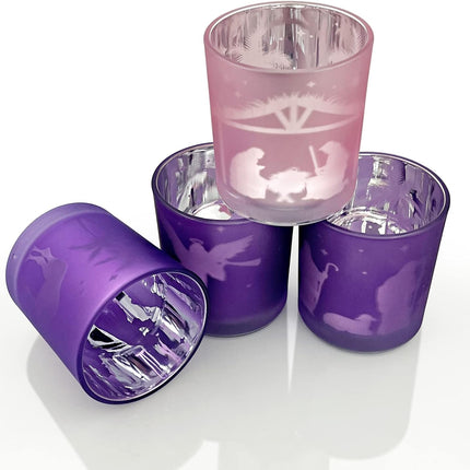 Advent Candle Holder Set of 4, Christmas Votive Candle Holders, Glass Tealight Holders for Xmas Table Centerpieces Nativity Decorations, Purple & Pink