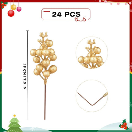 24 Pack Glitter Gold Berry Stems,Artificial Glitter Gold Berry Picks Holly Red Berries Branches Christmas Berry Stem Picks for Christmas Tree Wedding Holiday Season Winter Home Decoration(19 CM )