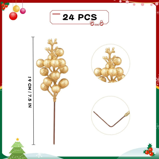 24 Pack Glitter Gold Berry Stems,Artificial Glitter Gold Berry Picks Holly Red Berries Branches Christmas Berry Stem Picks for Christmas Tree Wedding Holiday Season Winter Home Decoration(19 CM )