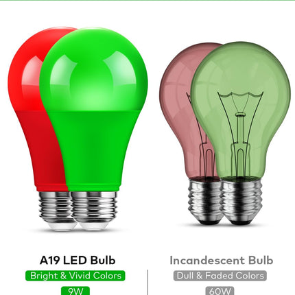 Red and Green Light Bulbs 9W (60W Equivalent), E26 Base, 4-Pack (2 Red and 2 Green) for Halloween, Christmas, Party, Home Lighting, Porch Decoration, Energy Efficient, Indoor/Outdoor Use