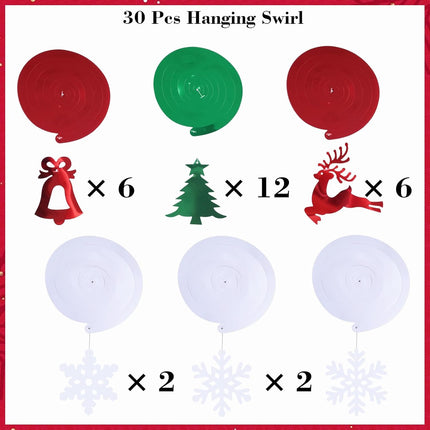 30 Pcs Christmas Hanging Foil Swirl Decorations Set, Xmas Hanging Reindeer Snowflake Green Christmas Tree Bell Swirls Decorations, Hanging String Garland for Indoor Holiday Winter Wall Party Office