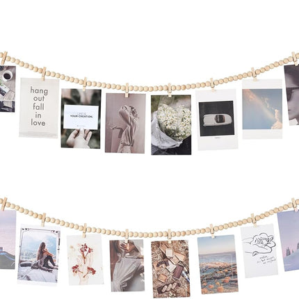 Mkono Hanging Photo Display with Clips, Boho Wooden Bead Garland Banner, Collage Card Picture Kids Art Holder String with 10 Clips for Christmas Bedroom Dorm Decor, Teen Girl s, Brown, 2 Pack