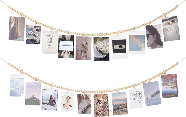 Mkono Hanging Photo Display with Clips, Boho Wooden Bead Garland Banner, Collage Card Picture Kids Art Holder String with 10 Clips for Christmas Bedroom Dorm Decor, Teen Girl s, Brown, 2 Pack