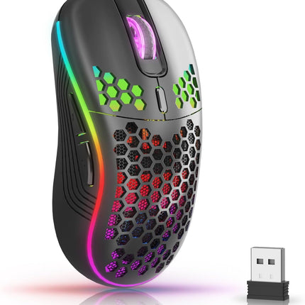 Wireless Gaming Mouse with Honeycomb Shell,USB Cordless 2.4GHz Ergonomic Wireless Mouse,Rechargeable RGB Backlight Computer Mouse for pc,Laptop,Computer(Black)