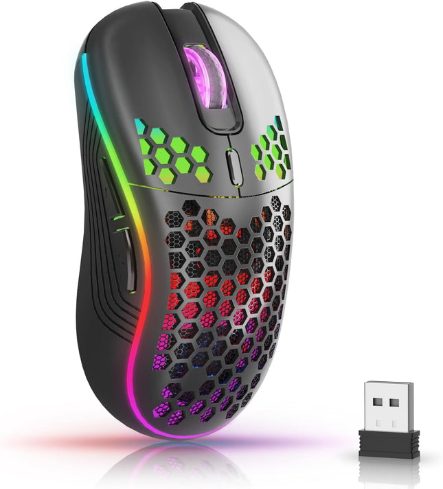 Wireless Gaming Mouse with Honeycomb Shell,USB Cordless 2.4GHz Ergonomic Wireless Mouse,Rechargeable RGB Backlight Computer Mouse for pc,Laptop,Computer(Black)