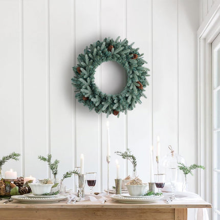 Somikis 24 Inch Christmas Wreaths for Front Door, Pre-Lit Realistic Blue Arctic Spruce Xmas Wreath with LED Lights & Pinecones, for Indoor&Outdoor Porch Windows Wall