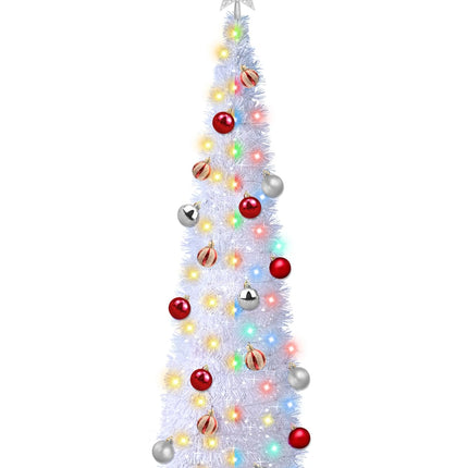 5 Ft Pop Up Christmas Tree with Timer Dual Color Change 8 Mode, 1 Minute Christmas Tree 50 Warm White & Colorful Light 3D Star 25 Ball Ornament Battery Operated Slim Tinsel White Xmas Tree Indoor