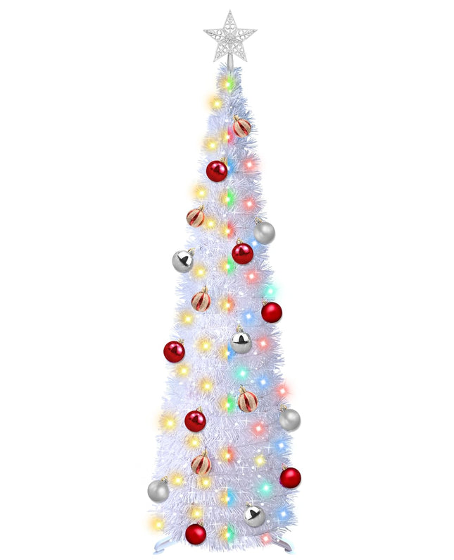 5 Ft Pop Up Christmas Tree with Timer Dual Color Change 8 Mode, 1 Minute Christmas Tree 50 Warm White & Colorful Light 3D Star 25 Ball Ornament Battery Operated Slim Tinsel White Xmas Tree Indoor