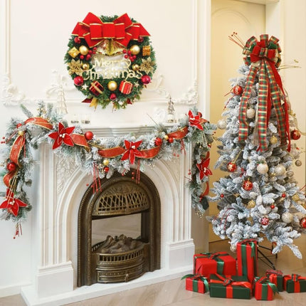 Christmas Wreath Reef for Front Door Window 13 Inch Pine Artificial Garland with Bowknot, Bells, Deer, Red Berries, Cabinet Wreath for Christmas Party Decor, Front Door Window Wall Wreath
