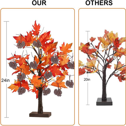 Thanksgiving Decorations, 24IN 24LT Lighted Fall Maple Leaves Tree Fall Decor, 2FT Brown Battery Powered Timer Autumn Trees Decorations with 12 Wood Turkey Ornaments for Home, Holiday