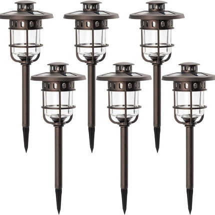 Solpex 6 Pack Solar Path Lights Outdoor, Glass And Bronze Finished, High Lumen Output 2 Bright Leds Light, Waterproof Automatic