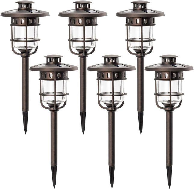 Solpex 6 Pack Solar Path Lights Outdoor, Glass And Bronze Finished, High Lumen Output 2 Bright Leds Light, Waterproof Automatic
