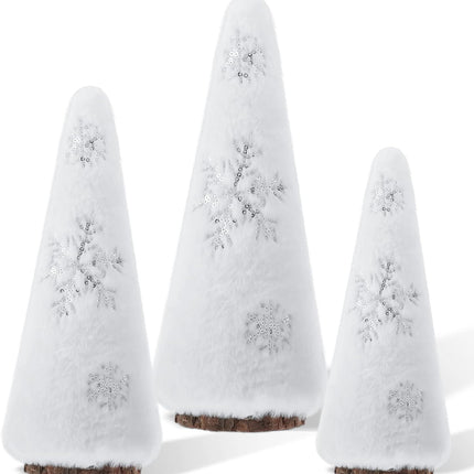 Zubebe Set of 3 Plush Christmas Tree Figurine, Tabletop Farmhouse Rustic Tree Figurine Christmas Boho Plush Tree Centerpieces with Snowflakes for Christmas Entryway Decor, Winter Home Decor(White)