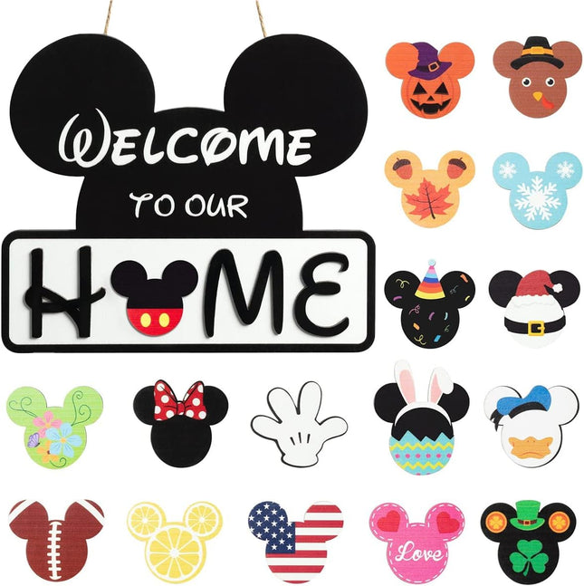 Cute Mouse Interchangeable Seasonal Welcome Door Sign for Front Door Decor, Interchangeable Welcome to Our Home Sign for Farmhouse Wall Porch Decor, Housewarming